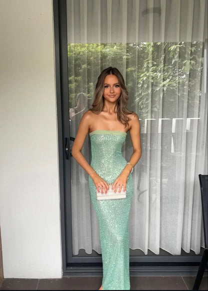 Elegant Mint Green Fitted Strapless Sequined Long Prom Dress Evening Dress cc4951