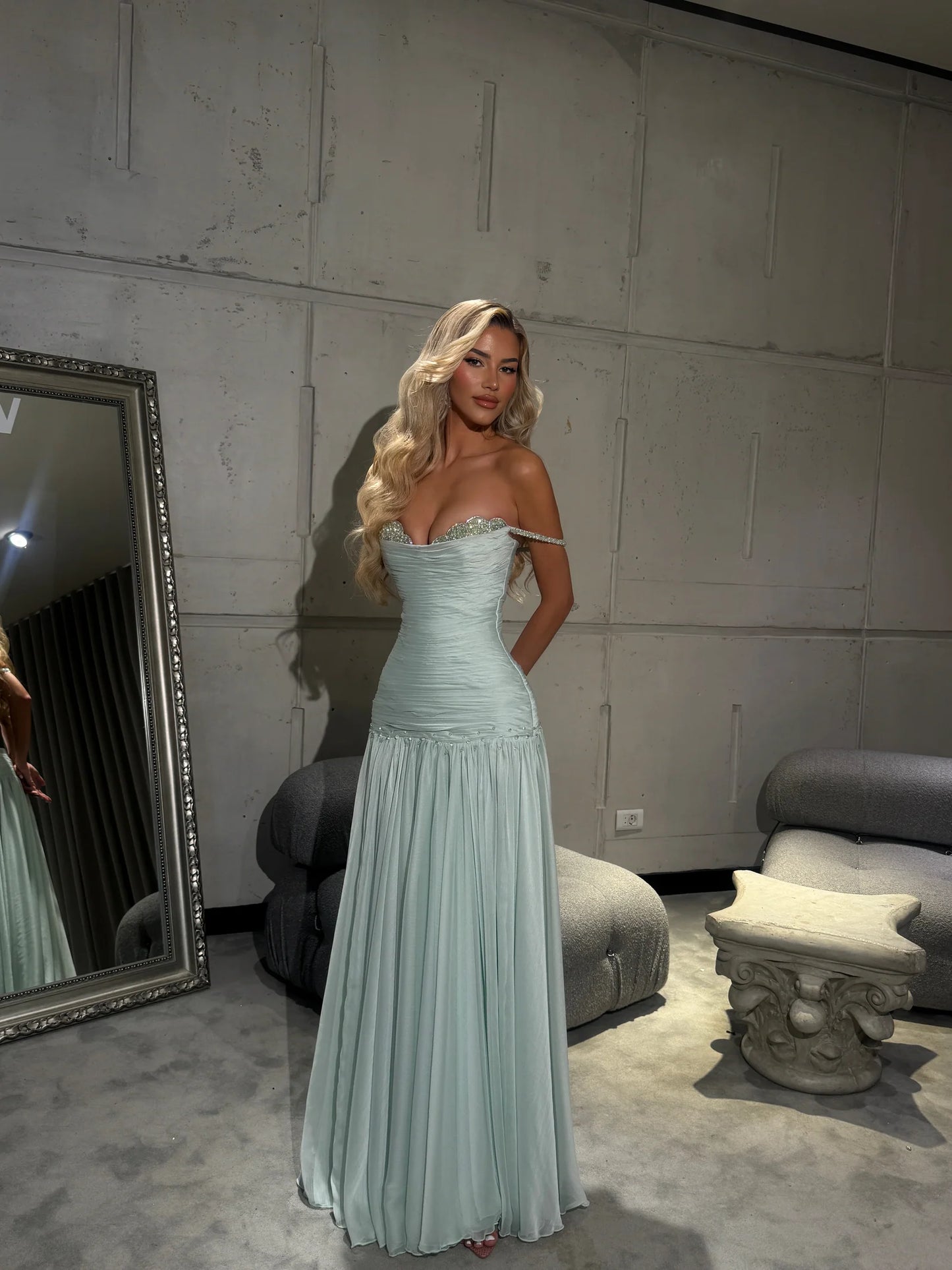 Elegant Mint Green A-line Off-shoulder Chiffon Long Prom Dress Evening Dress Bridesmaid Dress cc5026