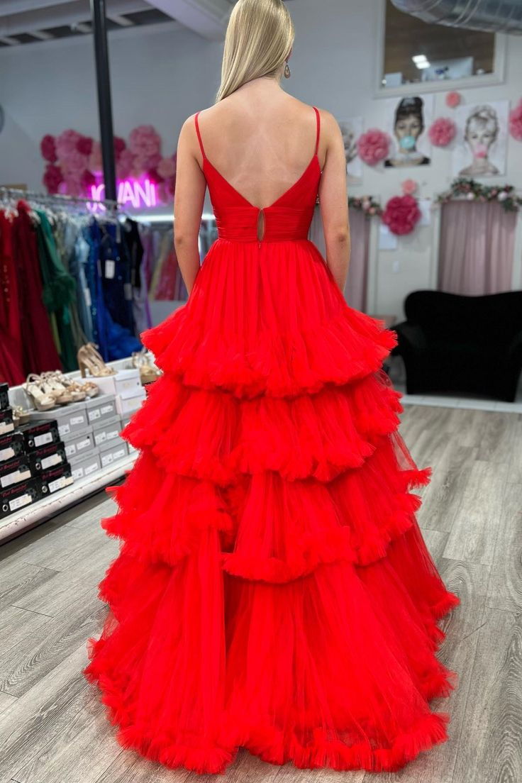 Red A-line Ruffle Layers Plunging V Neck Straps Long Prom Dress cc539