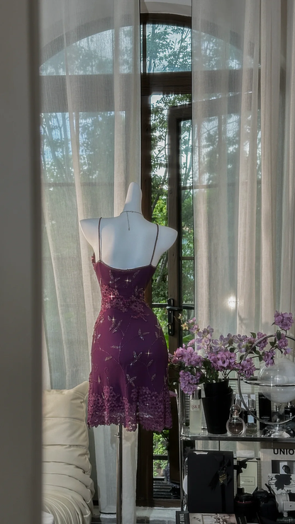 Charming Purple Straps Lace Beaded Sheath Short Birthday Outfits Cocktail Dress 7th Grade Homecoming Dress cc3338