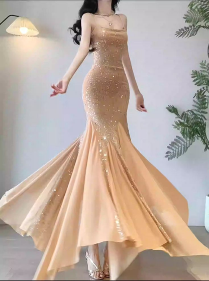 Sexy Black Rhinestone Mermaid Prom Dress Spaghetti Straps Chiffon Evening Dress cc2404