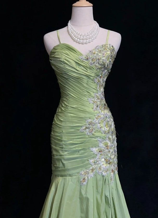 Gorgeous Green Mermaid Satin Beaded Sequin Party Evening Dress,Spaghetti Strap Long Prom Dress cc2997