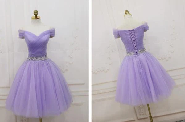 Lovely Light Purple Beaded Short Party Dress, Off Shoulder Homecoming Dress  c2919