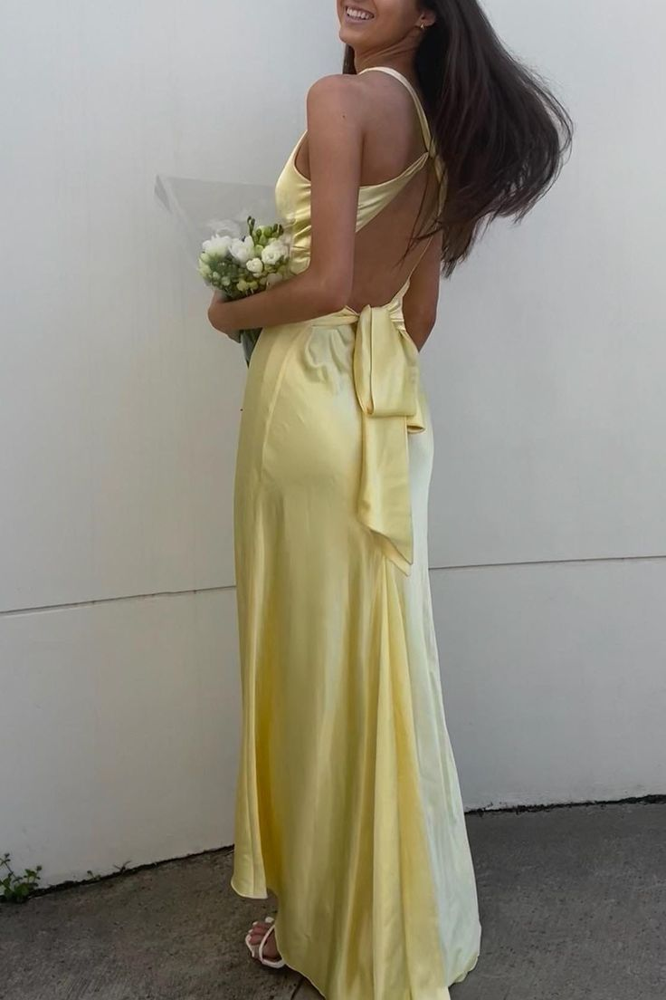 Sexy V Neck Yellow Satin Bow Back Party Dress Long Prom Evening Dress cc1892