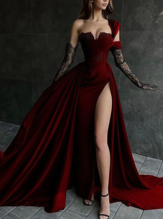 Sexy Burgundy Velvet Split Evening Prom Dress,Slit Party Dress With Gloves cc2239