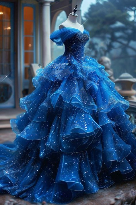 Glitter Blue Off The Shoulder Tulle Sequins Multi-Layered Prom Dress,A Line Ball Gown cc2980