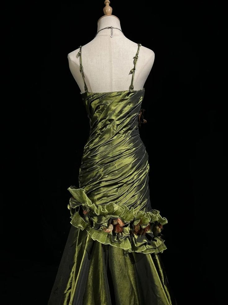 Vintage Green Satin Pleated Beaded Prom Party Dress,Long Mermaid Evening Dress cc2998