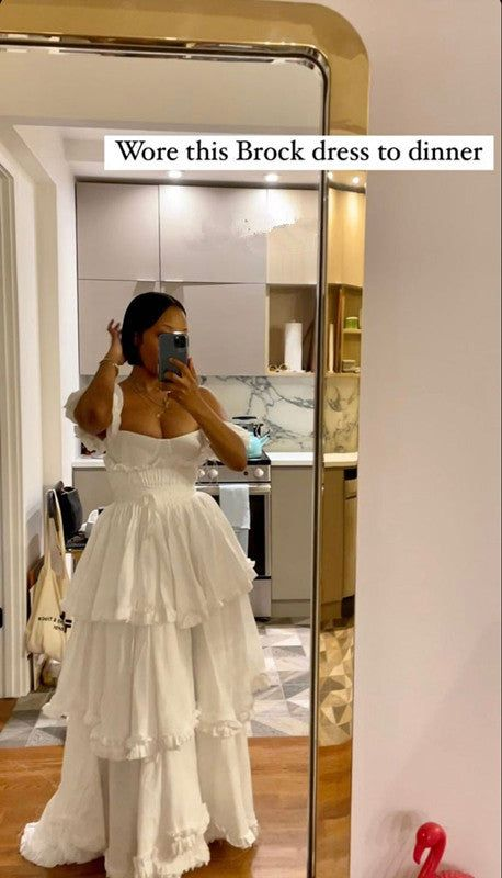 Elegant White Straps Ruffles Floor Length Prom Dress A Line Layered Party Evening Dress cc2405