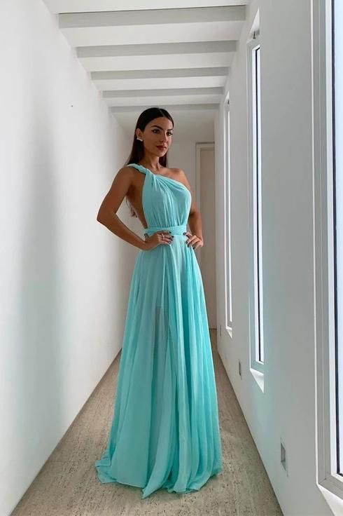 Simple Blue Chiffon One Shoulder Long Prom Dress cc1286