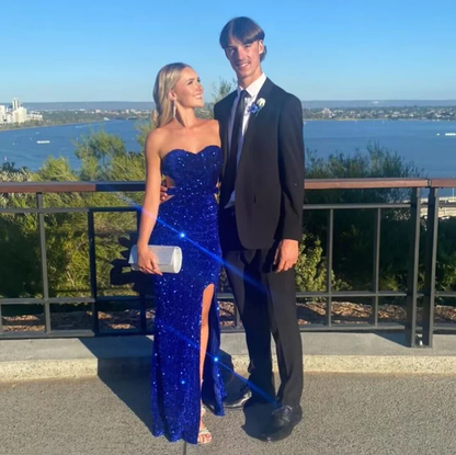 Sexy Royal Blue Backless Sequin Mermaid Prom Dress Slit Party Evening Gown cc1968