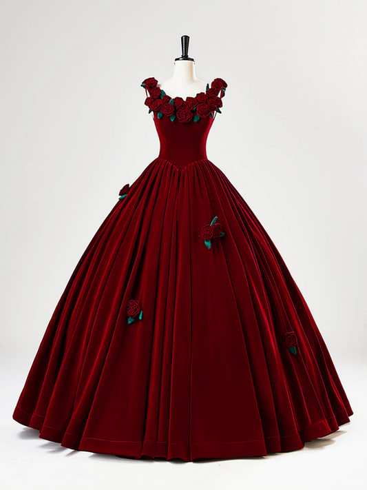 Charming Red Velvet A Line Rose Flowers Ball Gown Sweet 16 Dress Quinceanera Dress cc2061