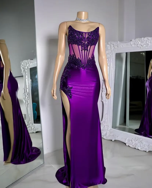 Luxury Purple Satin Lace Appliques Evening Dress,Mermaid Slit Party Prom Dress cc2616
