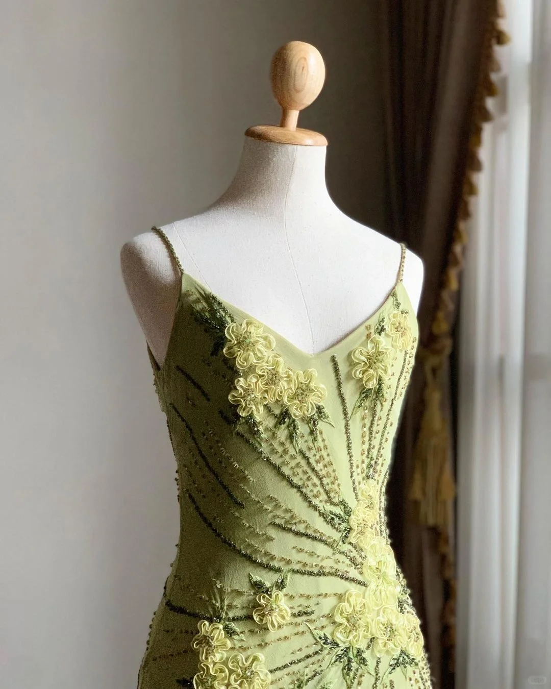 Pretty Green Spaghetti Straps Chiffon Beaded Mermaid Party Dress Long Evening Dress cc3348