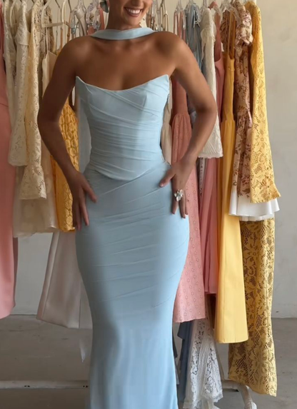Elegant Blue Strapless Long Mermaid Party Evening Dress cc2596