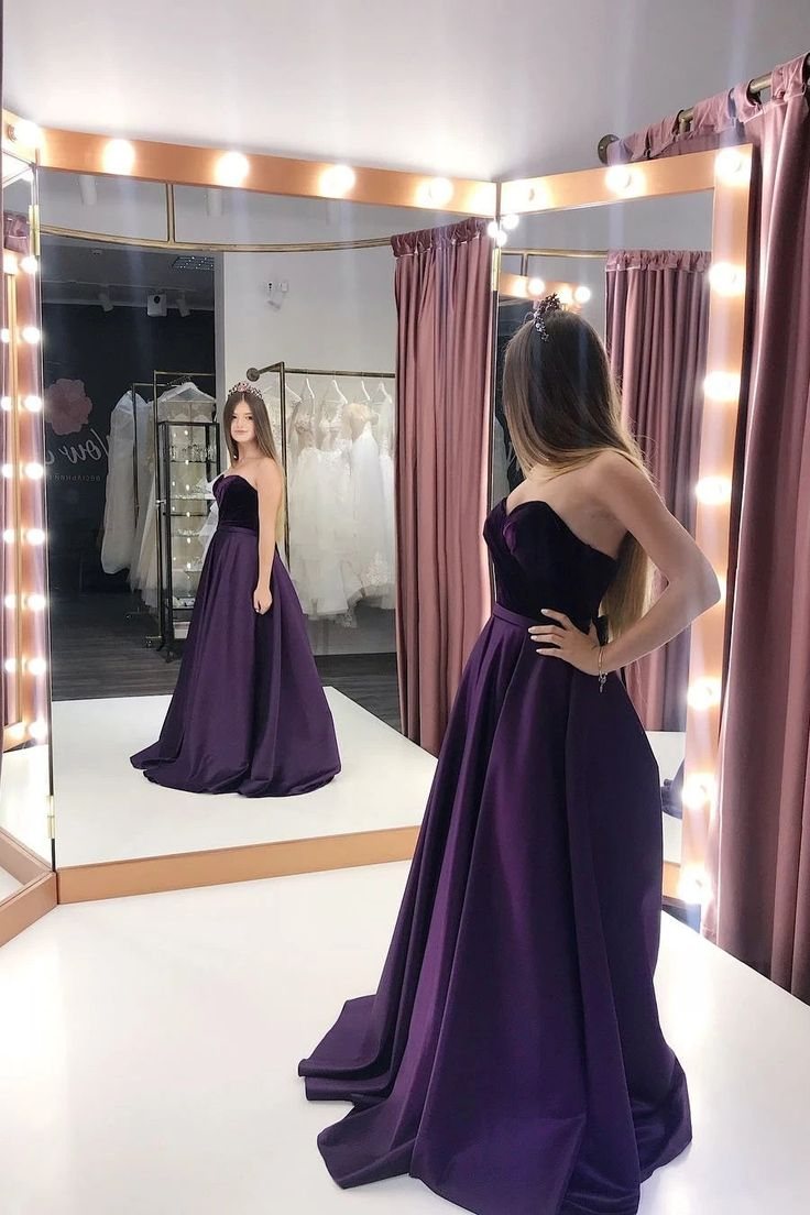 A-Line Purple Velvet Satin Sweetheart Long Prom Dresses With Pockets cc1029