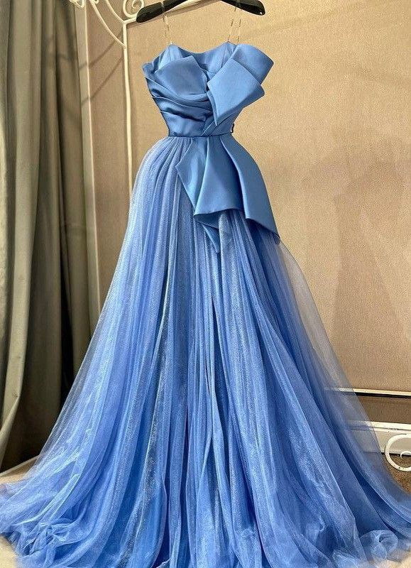 Blue A-line Tulle Evening Dress,Fashion Blue Prom Gown  cc701