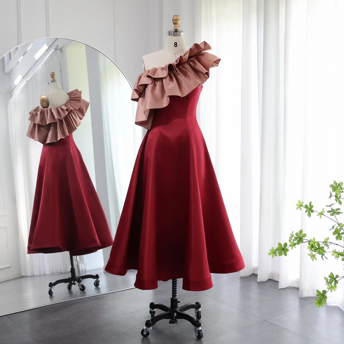 Red Ruffled Neckline A-line Evening Dress cc919