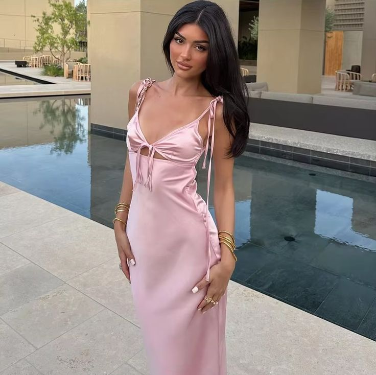 Sexy Sheath Spaghetti Straps Pink Satin Evening Dress Prom Dress cc2400