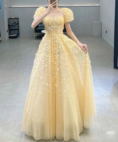 Charming Yellow A-line Puffy Sleeves Floral Prom Dress,Fairy Dress  cc1201