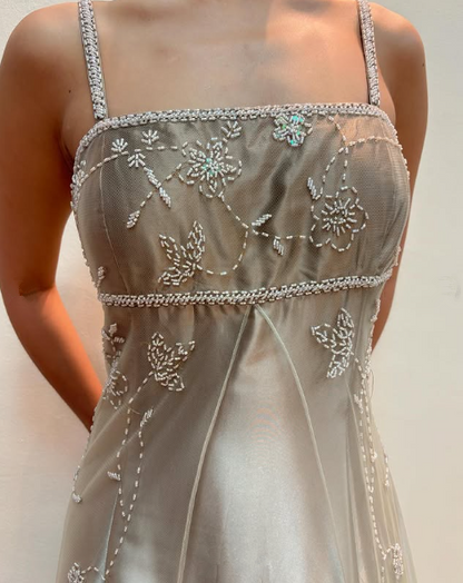 Vintage Spaghetti Straps Beaded Satin Evening Dress,A Line Formal Party Prom Dress cc2609
