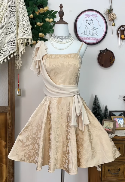 Vintage Champagne Satin Print Floral Birthday Outfits A Line Short Homecoming Dress cc3105