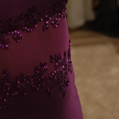 Newest Plum Purple Spaghetti Straps Prom Dress Spaghetti Straps Chiffon Appliques Party Evening Gown cc1600