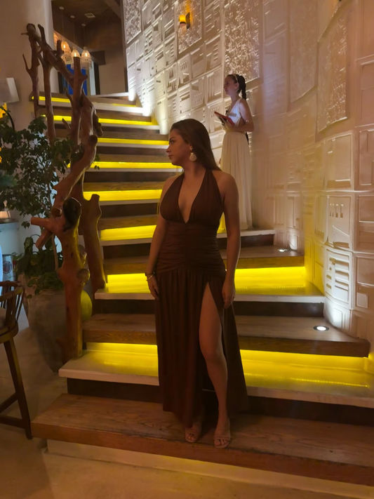 Sexy Halter Backless Party Evening Dress,Brown V Neck Slit Prom Dress cc2915