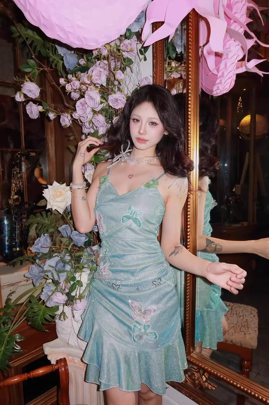 Classy Mini Green Spaghetti Straps Short Ruffle Birthday Dress 8th Grade Homecoming Dress cc3213