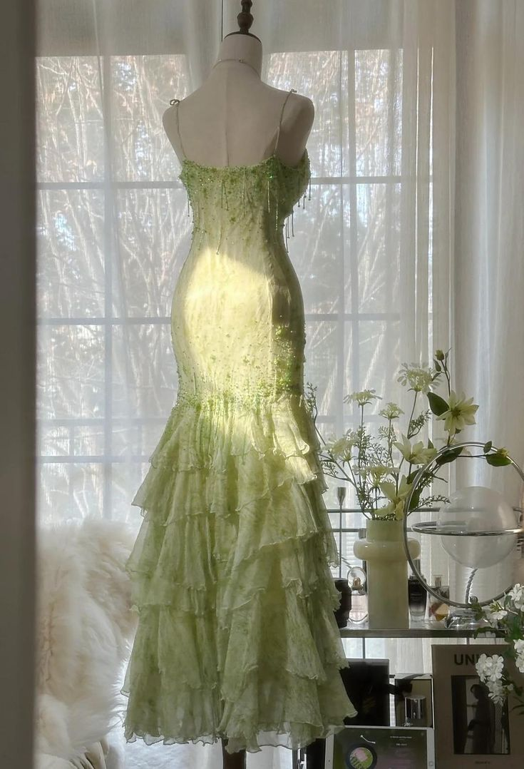 Classy Light Green Chiffon Beaded Mermaid Evening Dress,Spaghetti Straps Multi Layered Party Prom Dress cc3000