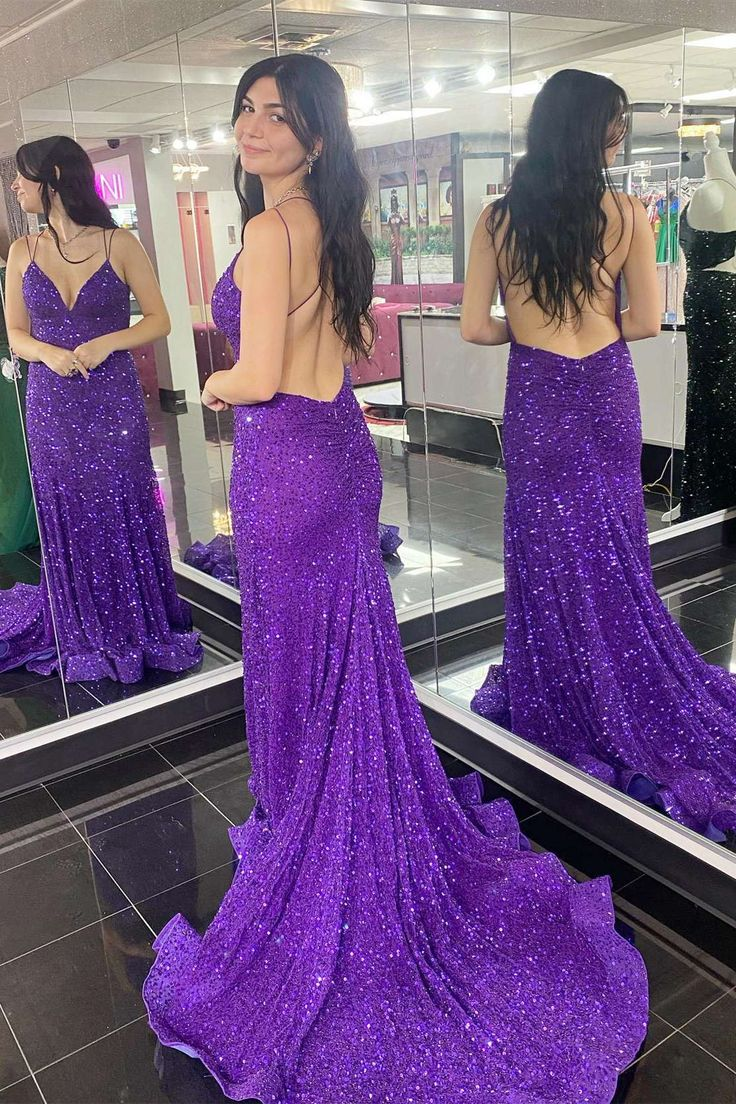 Purple Sequin V-Neck Open Back Mermaid Long Formal Dress  cc1019