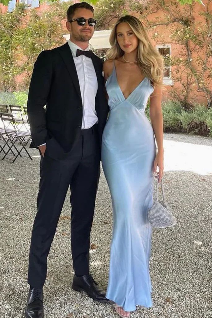 Spaghetti Straps Blue V Neck Long Party Dress Prom Dress cc1974