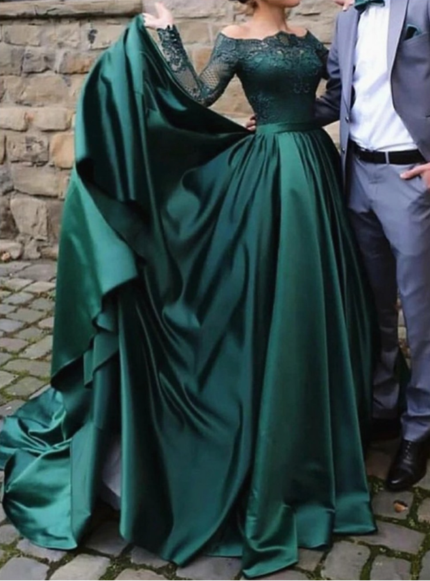 modest dark green party dress, off the shoulder prom dresses ,prom dress with long sleeves, evening gowns with lace C1642