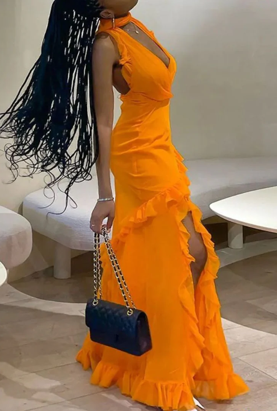 Chic Orange Chiffon Ruffles Evening Dress Slit Party Prom Dress cc2373