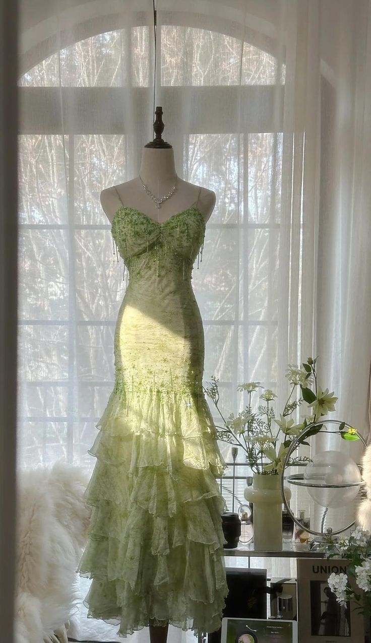 Classy Light Green Chiffon Beaded Mermaid Evening Dress,Spaghetti Straps Multi Layered Party Prom Dress cc3000