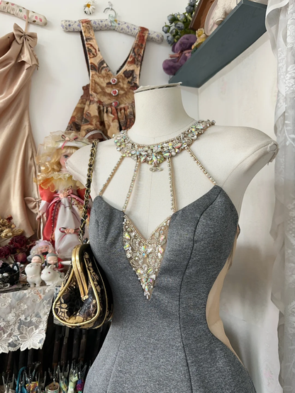 Vintage Gray Sleeveless Satin Beaded Sheath Cocktail Dress Mini Homecoming Dress  cc3142