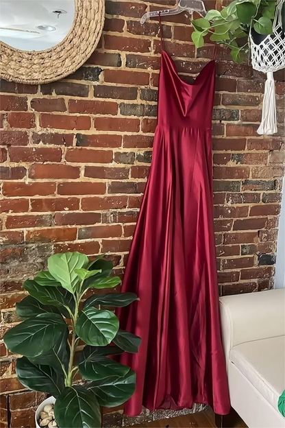 A Line Spaghetti Straps Burgundy Long Prom Dress with Split Front  cc510