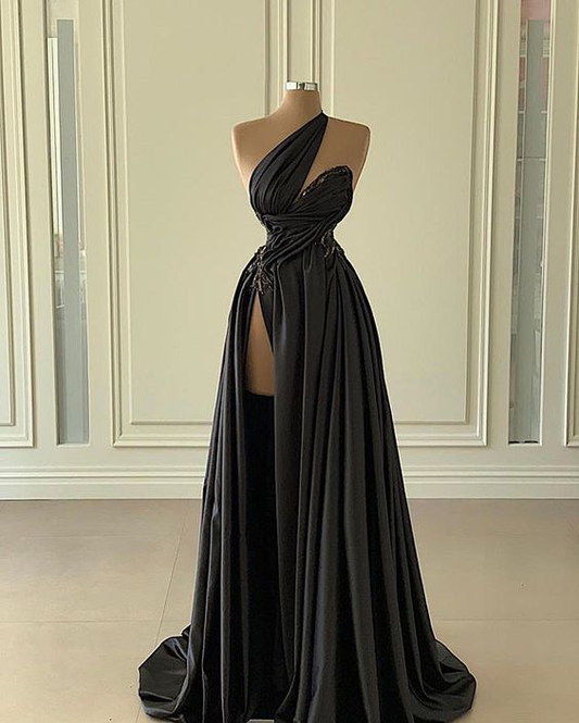 Sexy Black One Shoulder Prom Dress With High Slit cc1188