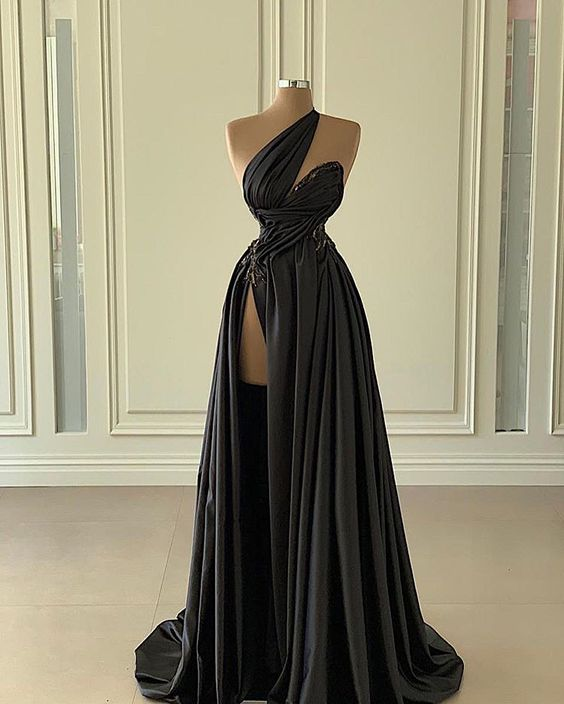 Sexy Black One Shoulder Prom Dress With High Slit cc1188