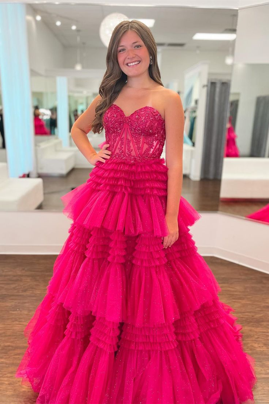 Fuchsia Multi-Layers Strapless Appliques A-line Tulle Long Prom Dress cc1021