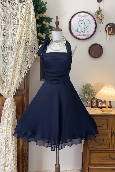 Stylish Navy Blue Chiffon A Line Homecoming Dress Halter Cocktail Dress cc3090