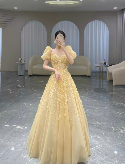 Charming Yellow A-line Puffy Sleeves Floral Prom Dress,Fairy Dress  cc1201