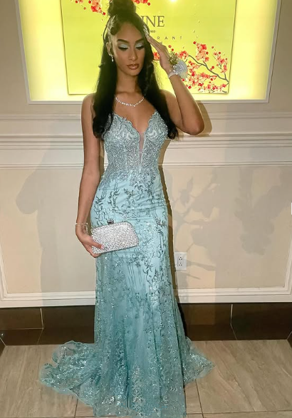 Charming Spaghetti Straps Tulle Lace Mermiad Prom Dress Blue V Neck Prom Evening Gown cc2445