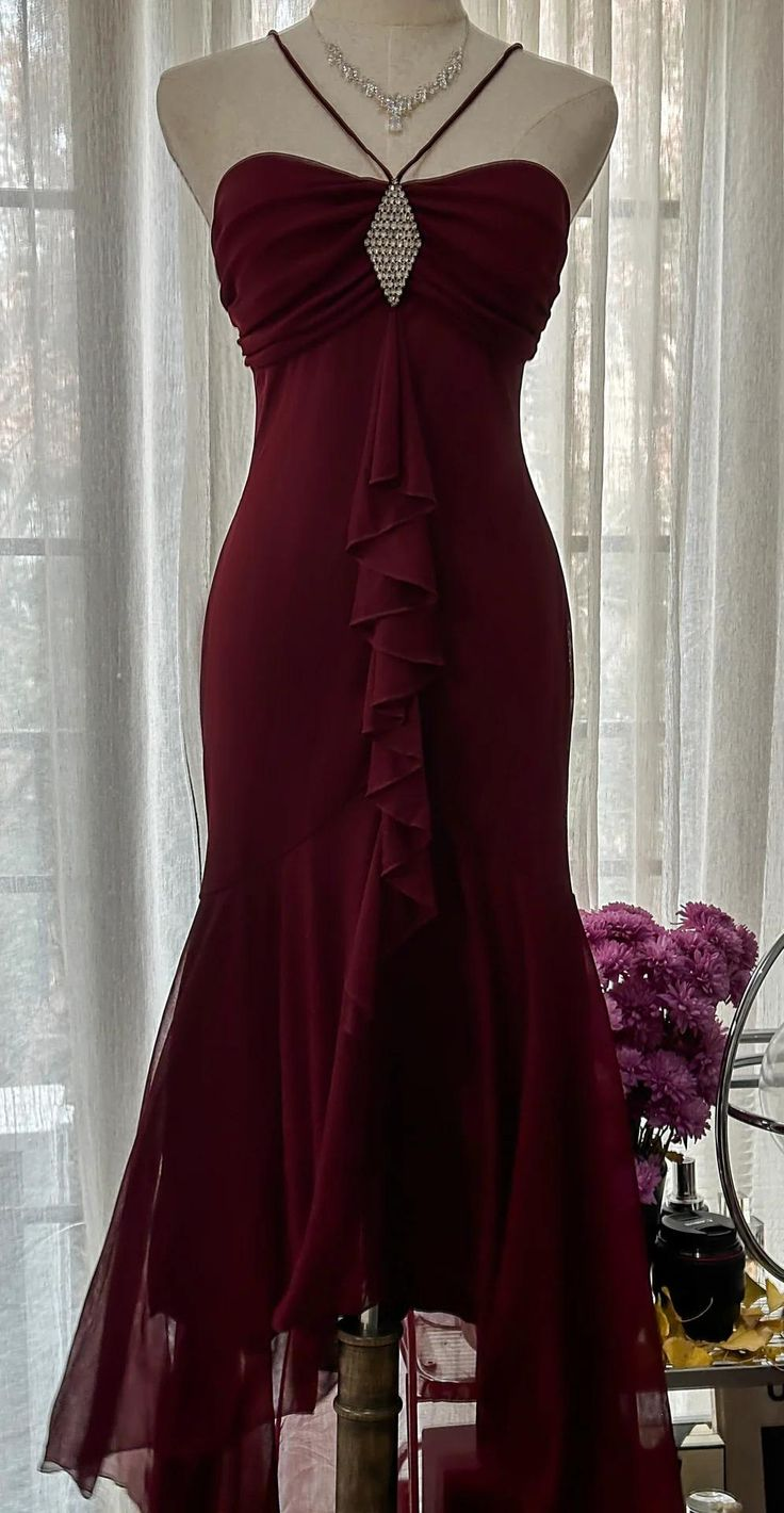 Burgundy Mermaid Chiffon Strapless Prom Dress Graduation Party Dress cc3021