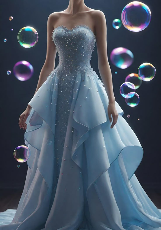 Blue Strapless Satin Chiffon Beaded Evening Dress,Formal Prom Dress Party Gown cc2802