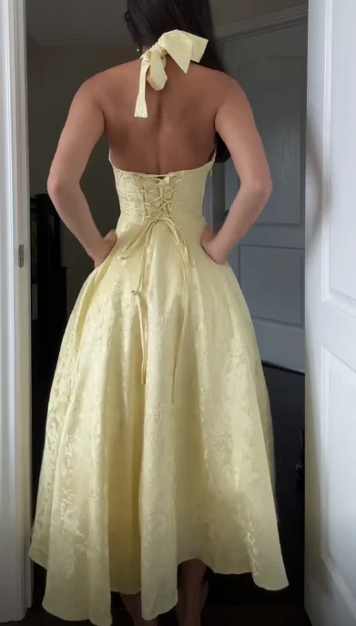 Deep V Neck Yellow Satin Print Floral Party Evening Gown Halter Prom Dress cc2187