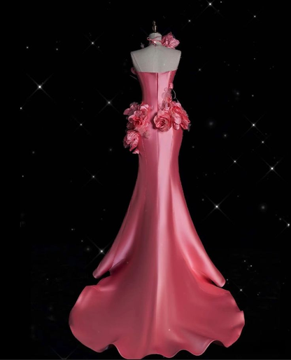 Pretty Pink Satin Mermaid Evening Dress,3D Flowers Long Party Prom Dress cc2803