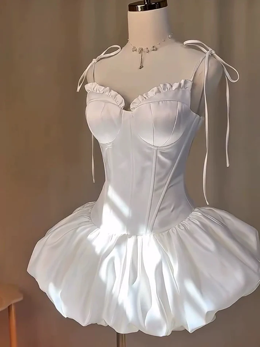 Cute Spaghetti Straps A Line White Satin 7th Grade Homecoming Dress Short Birthday Party Dress cc3454