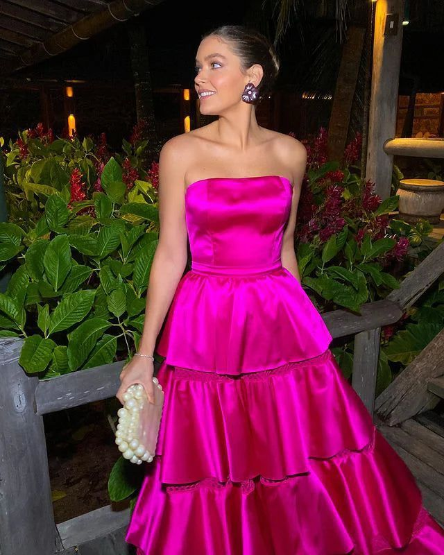 Gorgeous Strapless Satin Layered Party Evening Dress Hot Pink A Line Prom Dress cc2417