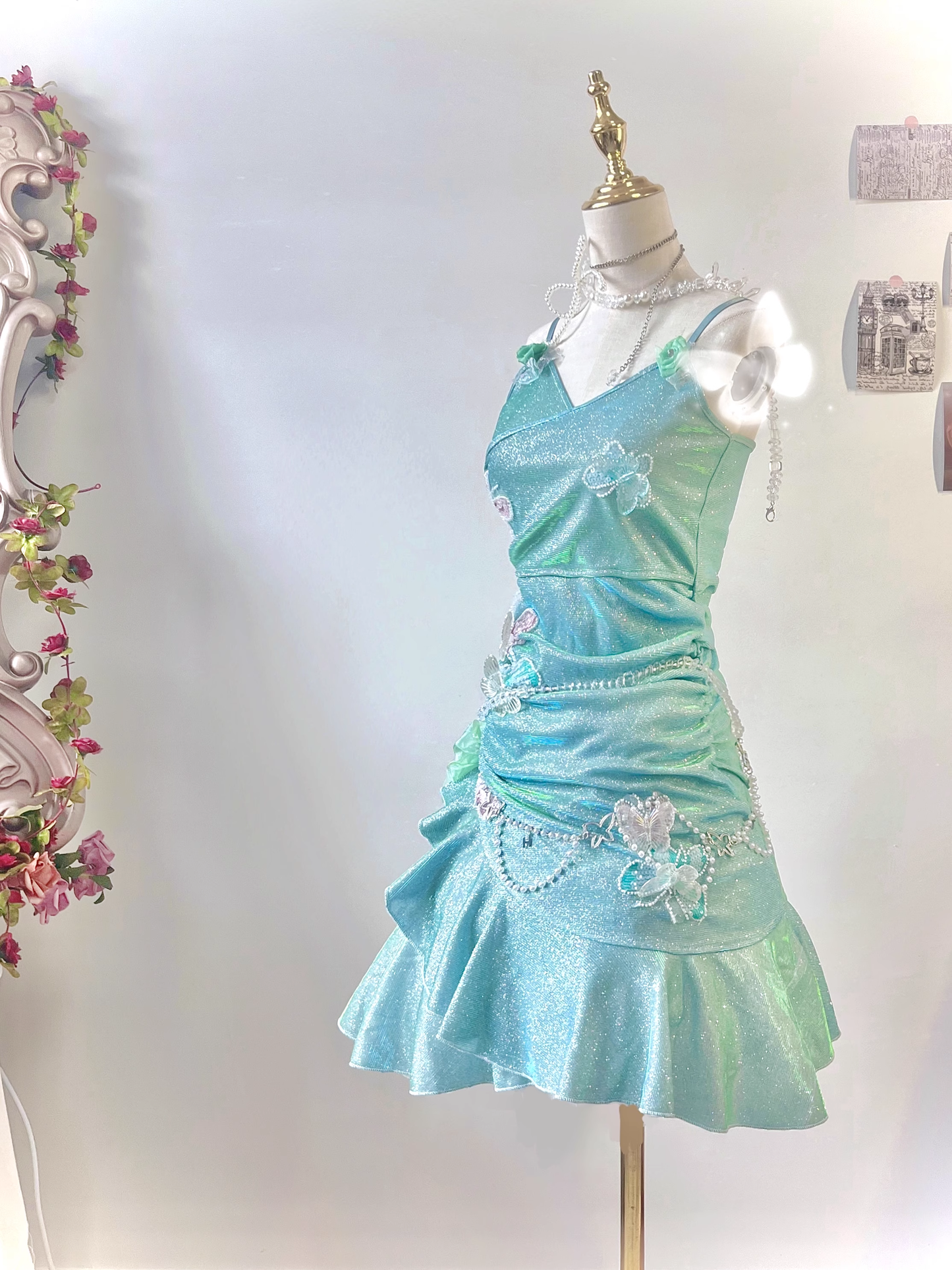 Classy Mini Green Spaghetti Straps Short Ruffle Birthday Dress 8th Grade Homecoming Dress cc3213