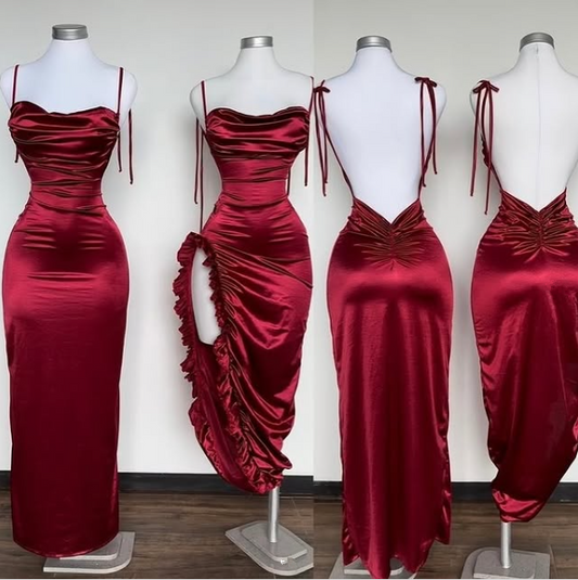 Simple Burgundy Sheath Satin Evening Dress Formal Prom Dress cc2746